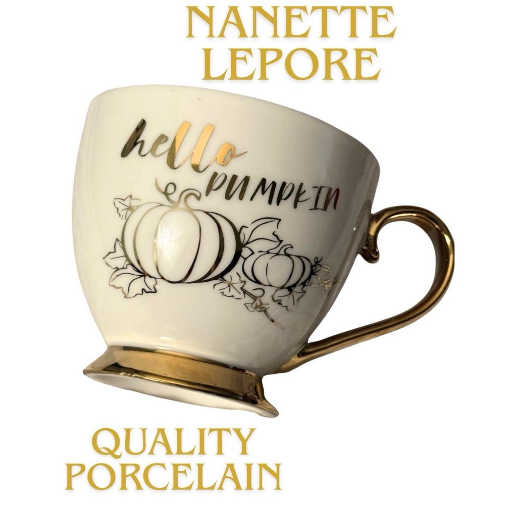 Nanette Lepore Hello Pumpkin Porcelain Coffee Mug Gold Handle Fall Pumpkin